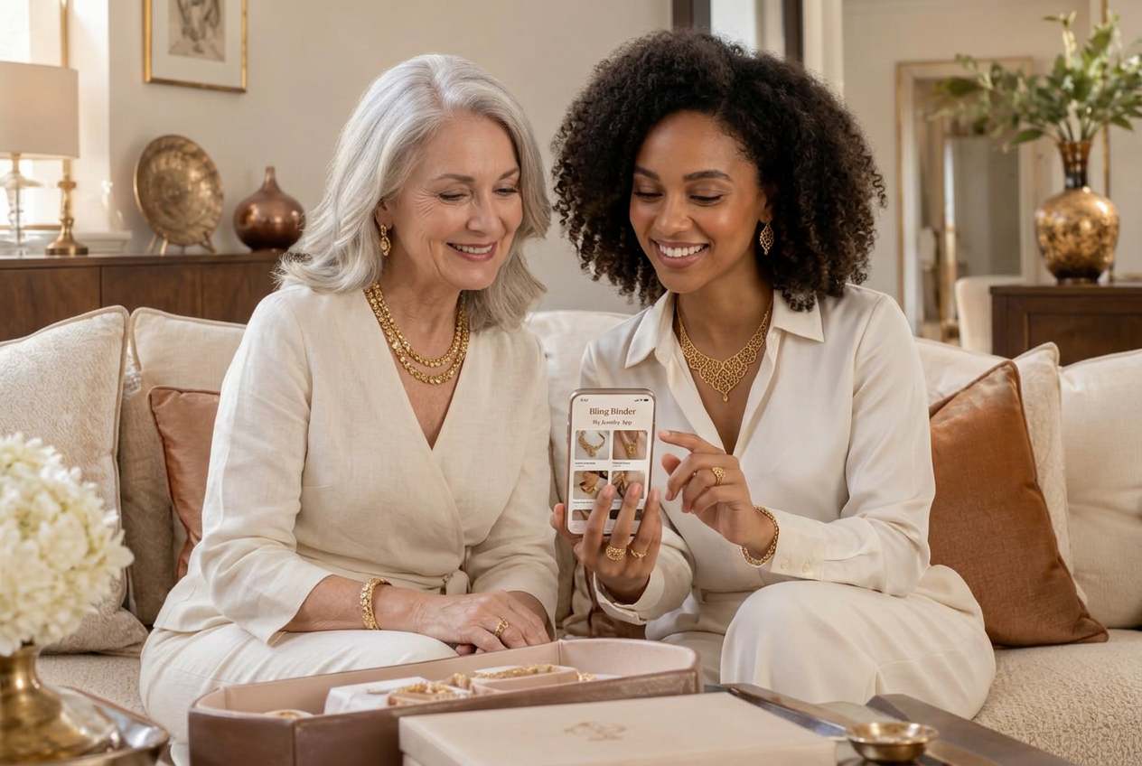 A silver-haired mother and her adult daughter sharing family jewelry and an iPhone