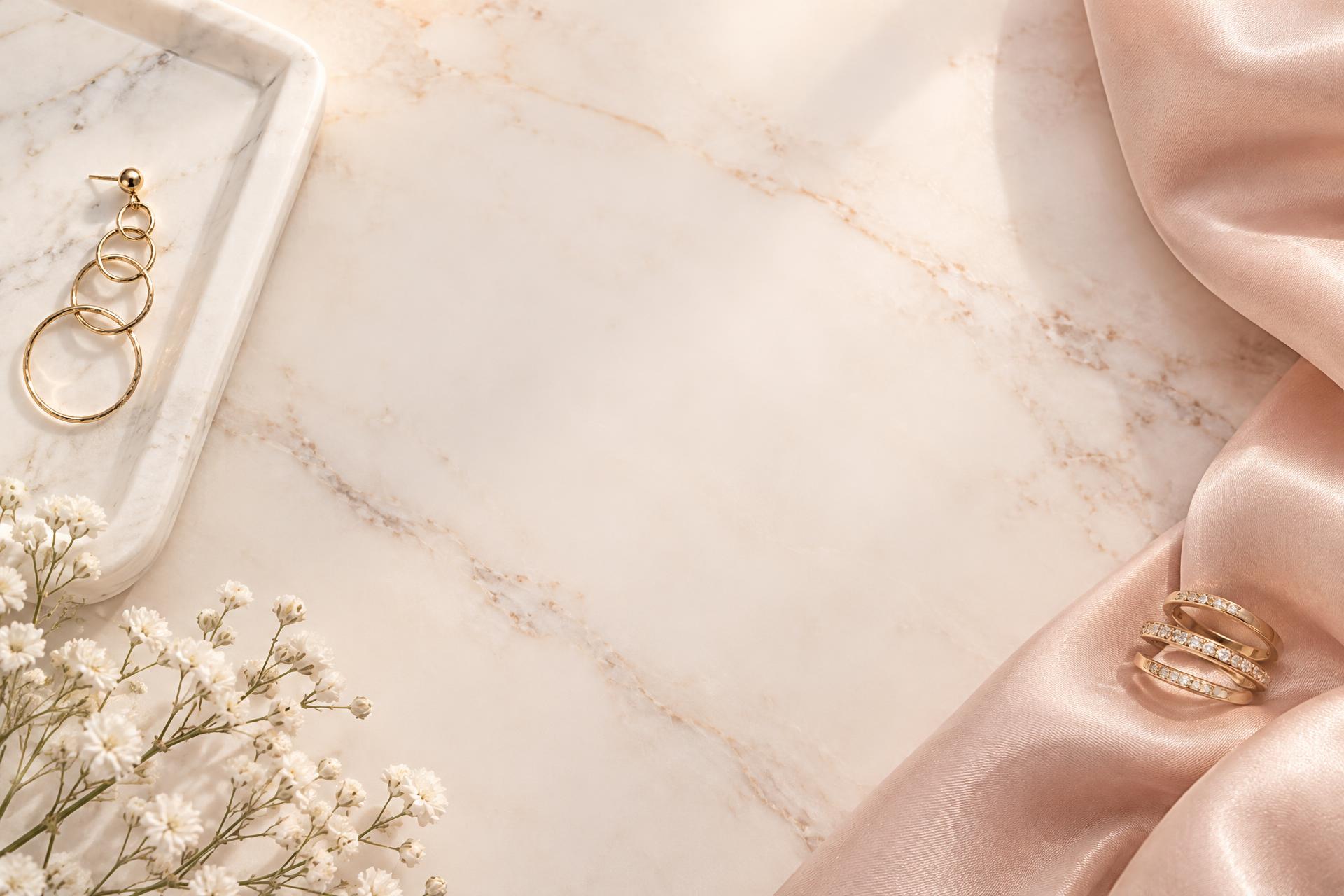 Elegant gold jewelry on a blush marble surface
