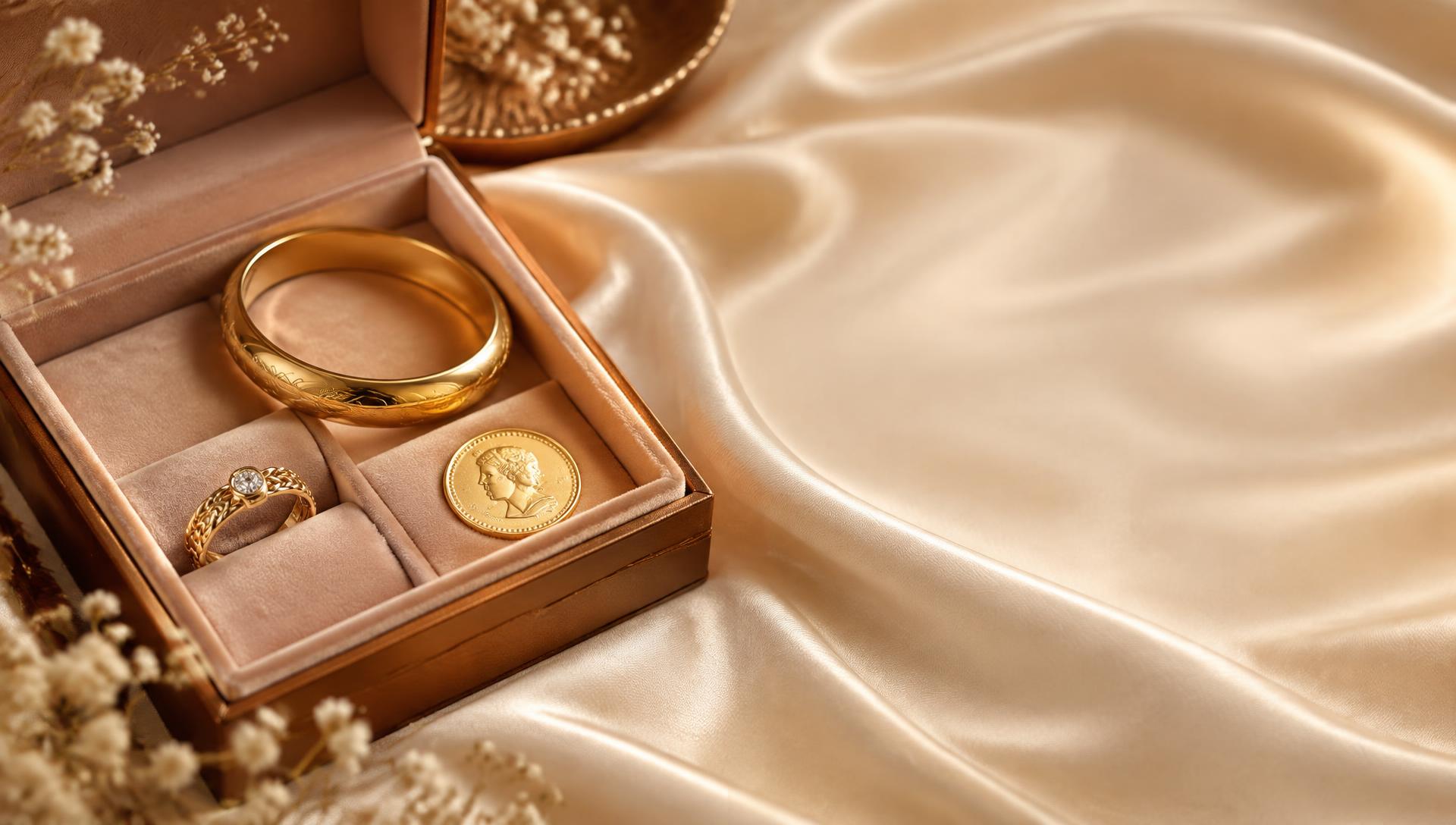 An open jewelry box with a gold ring, a gold bangle and a gold coin on cream silk