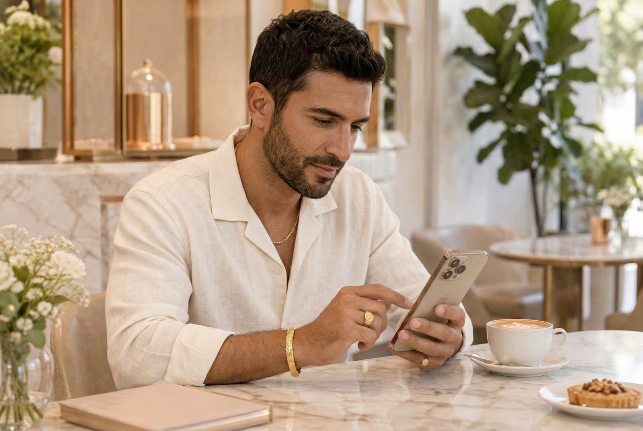A stylish man wearing a gold chain, signet ring and bracelet while using his iPhone