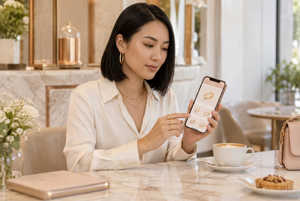 An East Asian woman wearing gold jewelry and browsing her collection on an iPhone